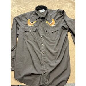 Wind Jammer Mens Black Western Shirt Eagle Embroidery Snap Front Size L